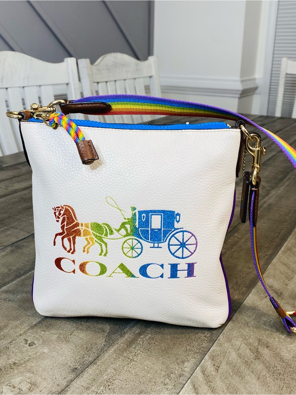 Coach Jes Slim Crossbody Bag Chalk Leather Rainbow Horse and Carriage Pride